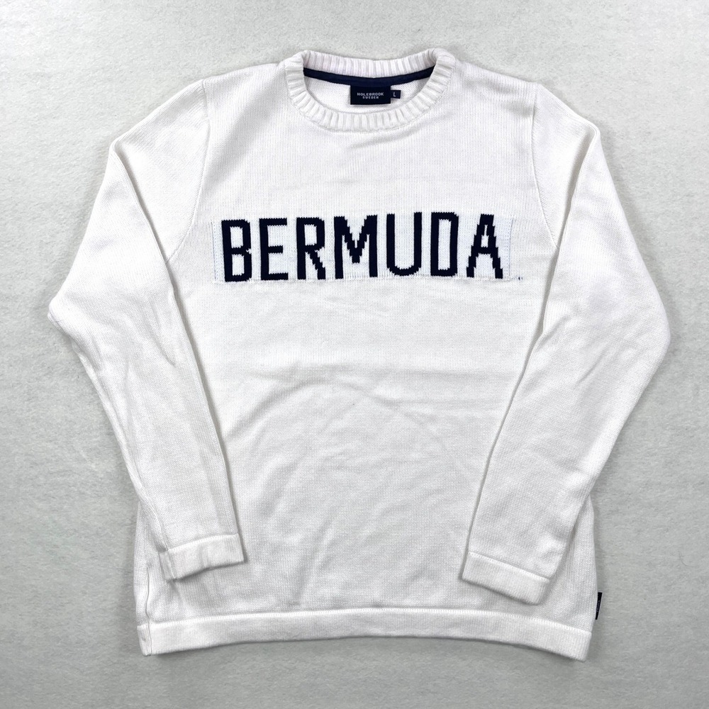 Holebrook Sweden Bermuda Cotton Knit Sweater White Navy Crew Neck Womens Large